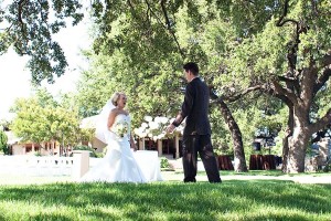 A bride and groom celebrate