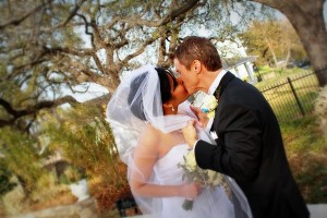 Newlyweds share a kiss