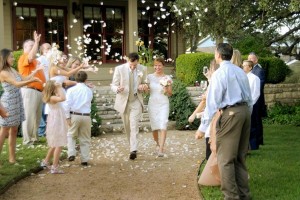 The newlyweds walk down the aisle