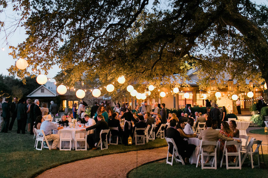 Wedding reception under lights outside