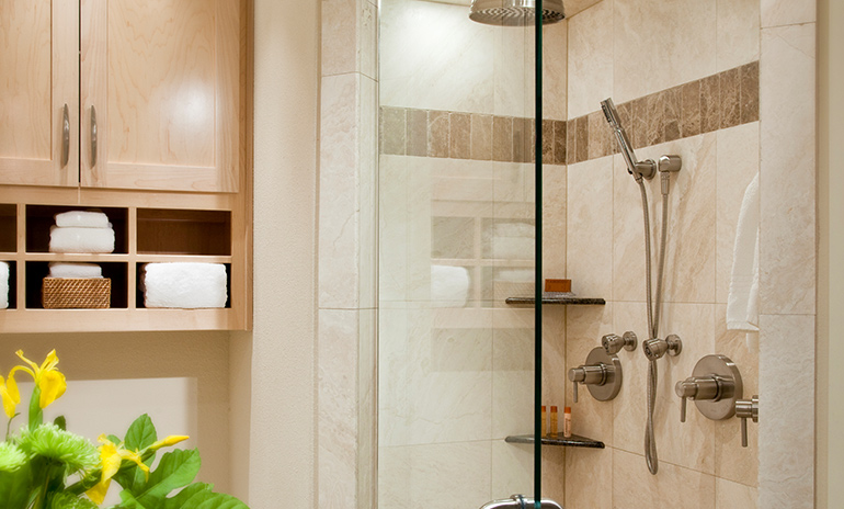 Glass encased shower with multiple shower heads and flow valves. Cabinet next to shower holds towels and facial tissues.